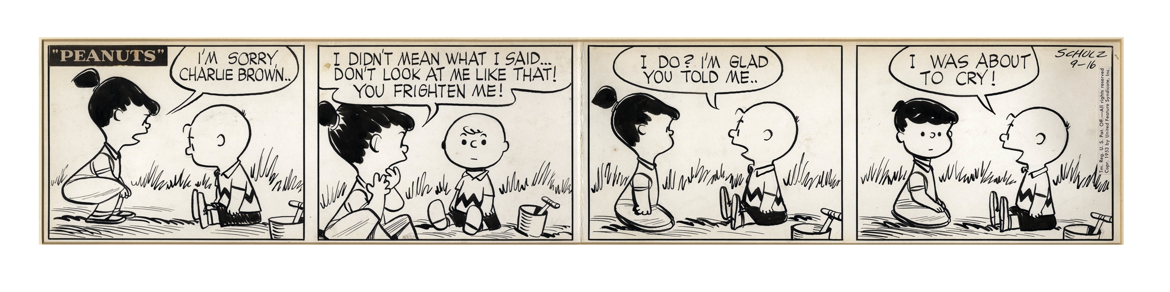 Charles Schulz Hand-Drawn ''Peanuts'' Comic Strip From 1953 -- In this Early Strip, Violet Is Afraid She's Gone Too Far in Antagonizing Charlie Brown